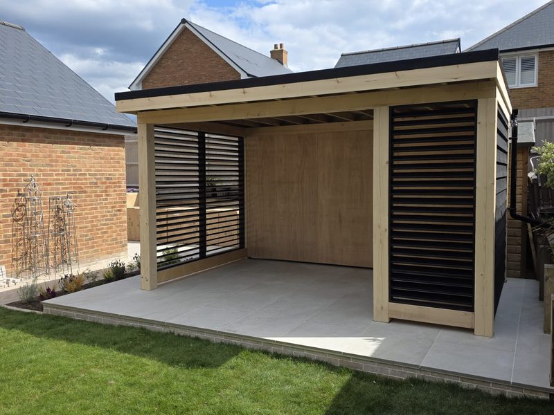 Modern timber garden room with louvred pergola, front elevation, Ashford
